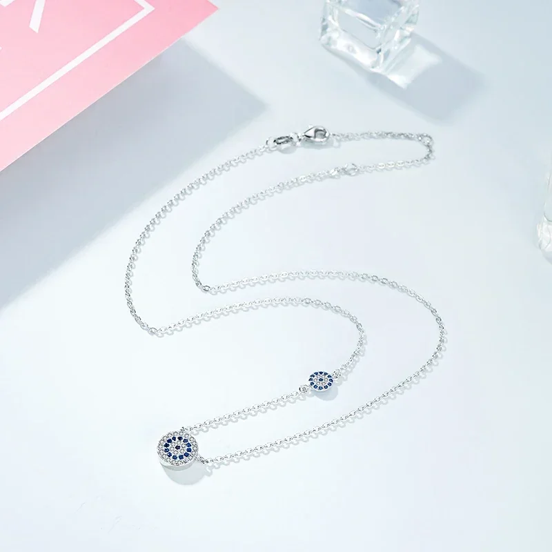TONGZHE Women Necklace Long 925 Silver Sterling Jewelry Blue Stone CZ Evil Eye Pendant Necklace For Women Link Chain Koyle 2