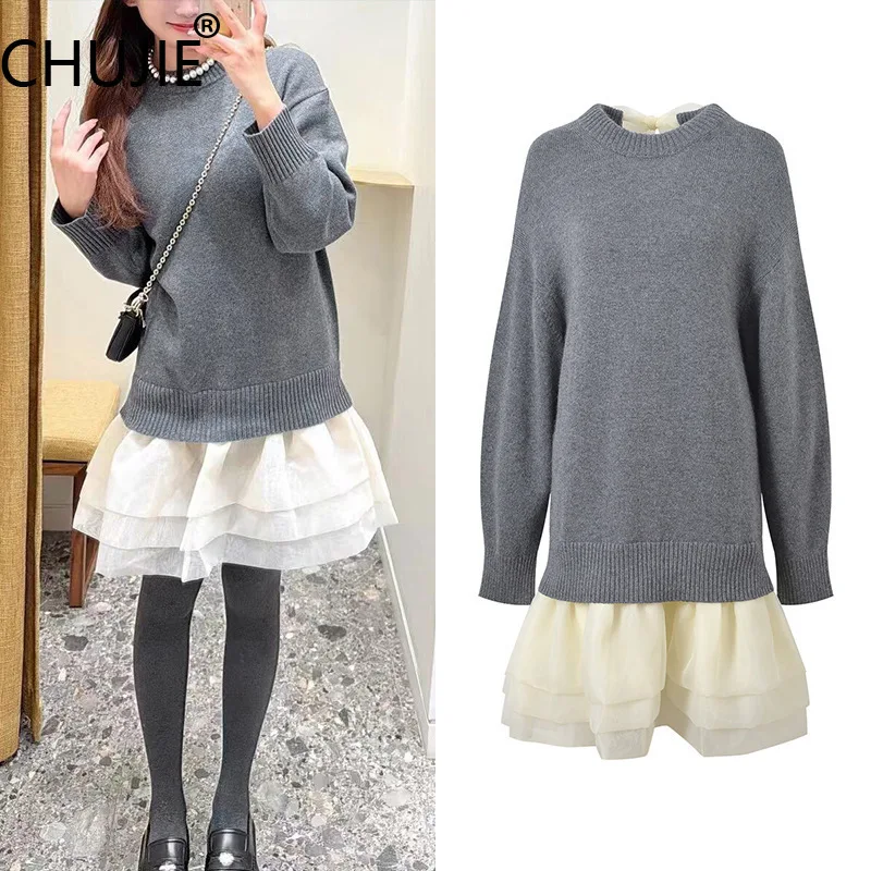 

CHUJIE Women's Dress 2025 Spring/Summer New Design Sense Back Bow Fake Two Piece Splicing Niche Round Neck Long Sleeve Dress