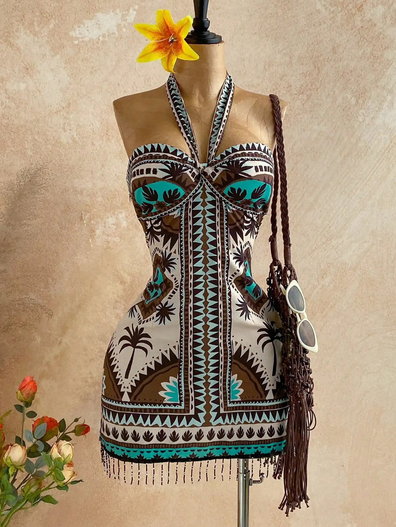 Women's Boho Print Halter Neck Bodycon Mini Dress with Tassels for Beach Vacation and Summer Events