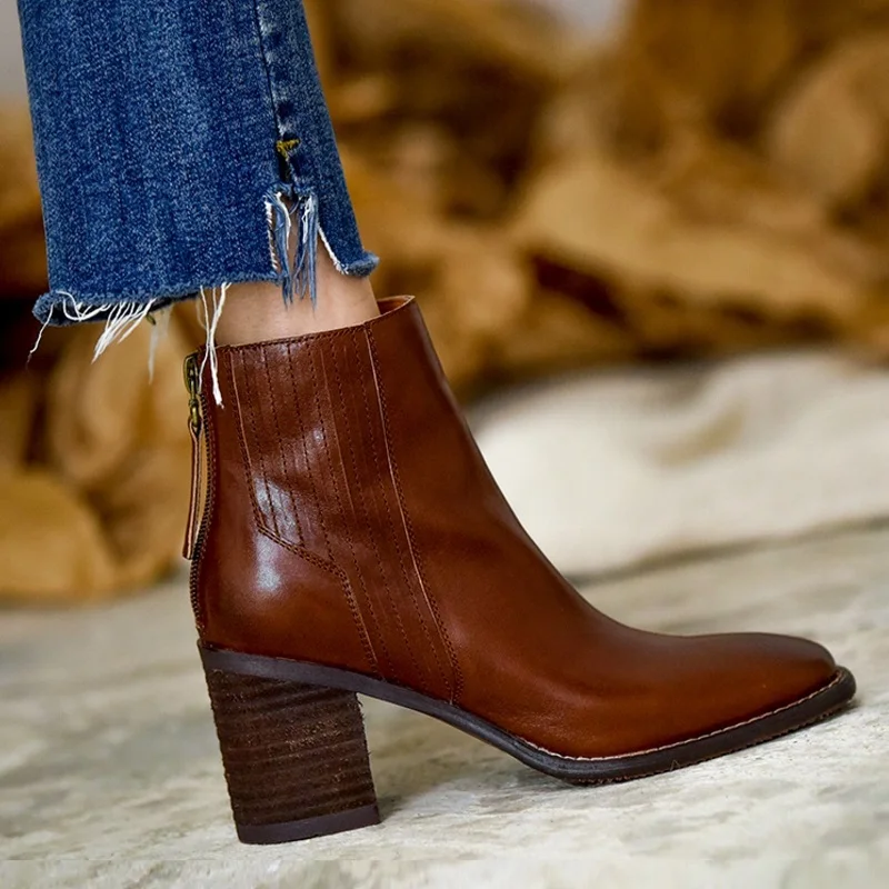 Thick High Heels Back Zippers Ankle Boots Autumn Spring Concise Cowhide Ladies Shoes Women Bassic Style Modern Winter Boots