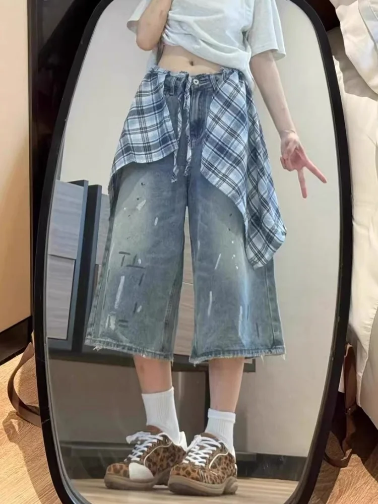 Retro Splashed Ink Denim Shorts Women's Loose Slim Straight Wide Leg Seven-Foot Pants Casual High Waist Jeans Four Seasons