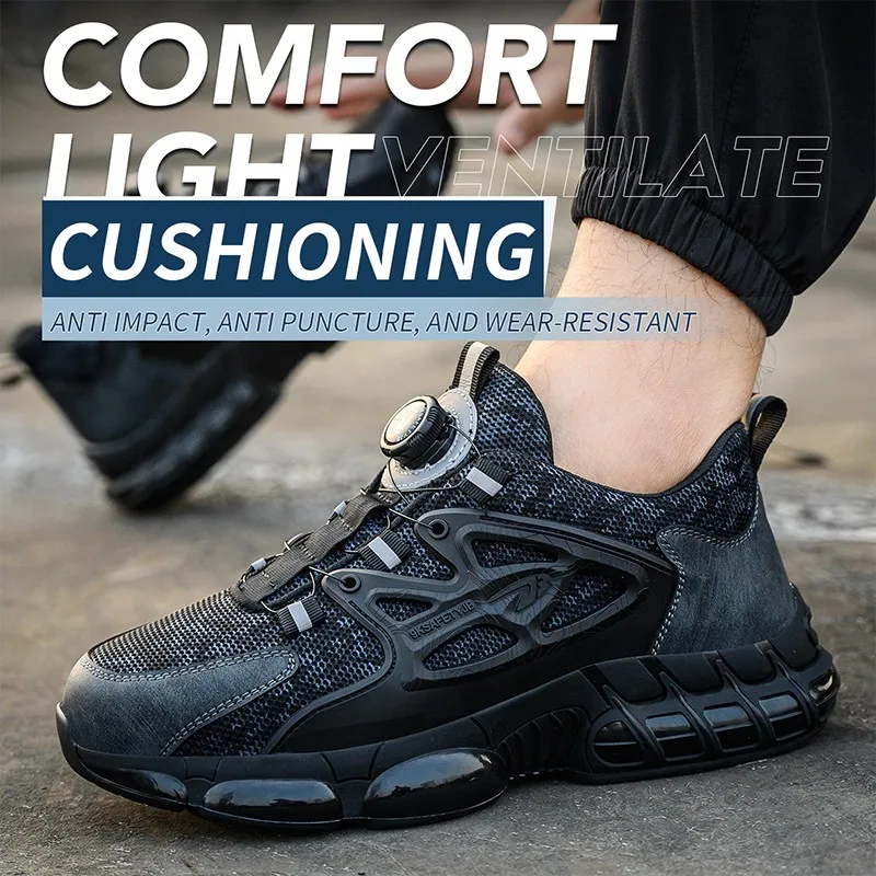 Rotating Button Lace Free 2023 New Safety Shoes Lazy Work Shoes Steel Toe Anti Impact Anti Puncture Man Sneaker Four Season