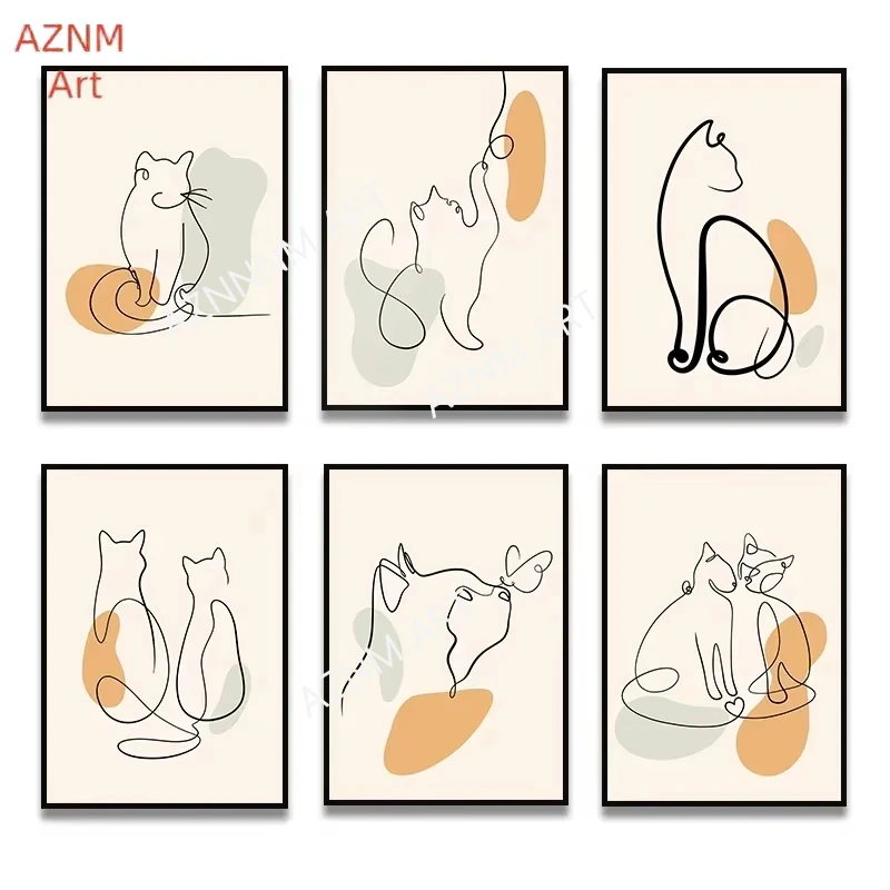 1pc Northern Europe One Line Cat Minimalist Canvas Painting Posters and Printing Murals A Living Room and Bedroom Home Decorati