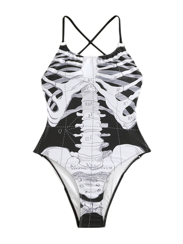 One Piece Swimsuit Women 2024 New Sling Bone Print Sexy Bodysuit Monokini Swimwear Summer Backless Beachwear Bathing Suit Female