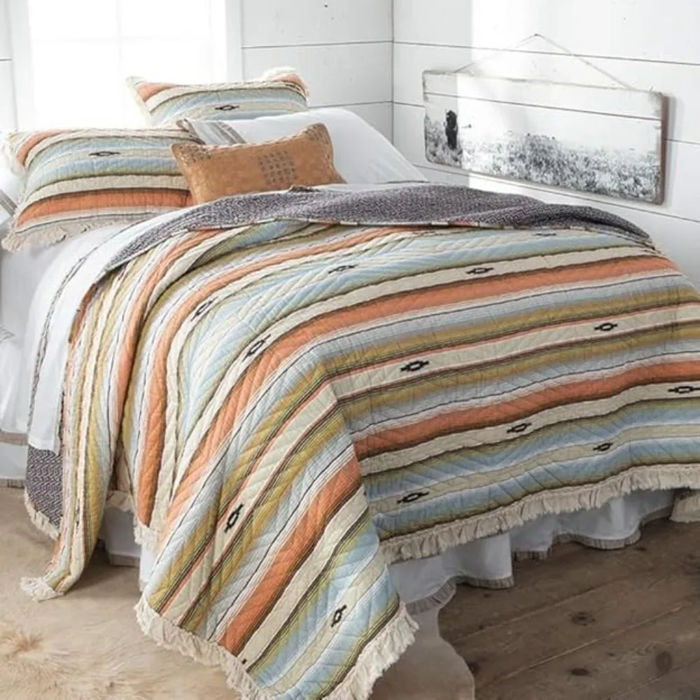 

Rod's Southwestern Aztec-Inspired Quilt Set with Blue, Orange, Green, and Brown Stripes - 3-Piece Bedding Collection for Full/Qu