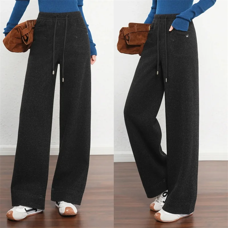 

Корейские женские повседневные свободные прямые брюки, весенне-осенние женские утепленные широкие брюки, женские модные узкие брюки с высокой талией