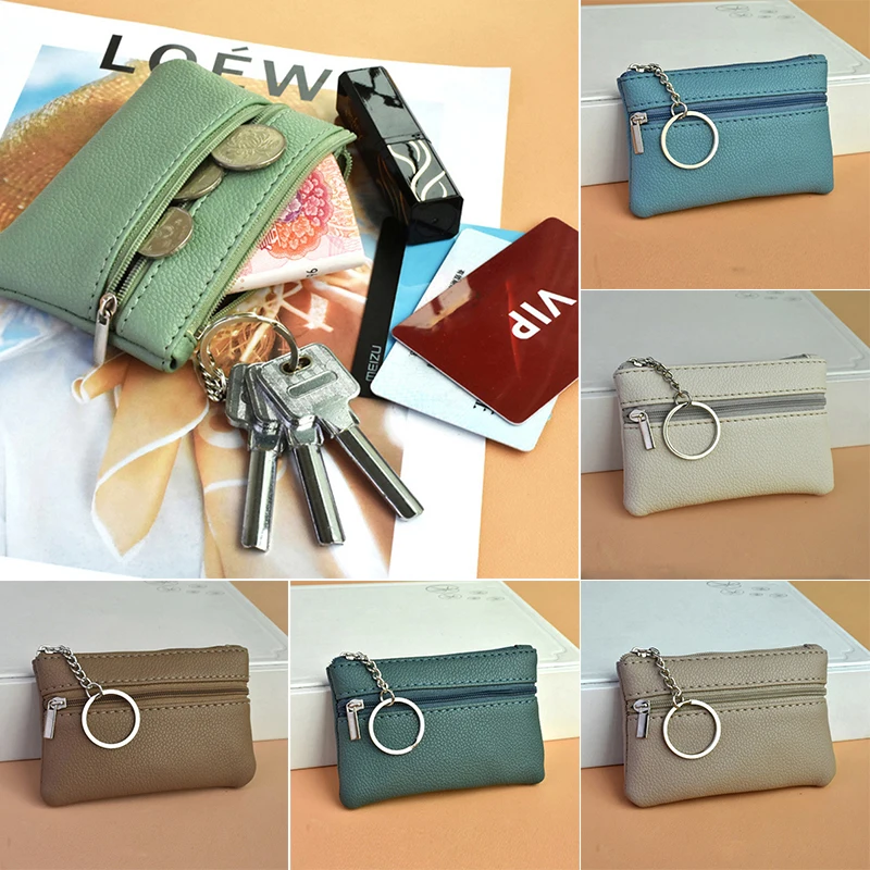 2023 Mini Multi-color PU Leather Small Coin Purse Light Top Layer Cowhide Zipper Key Case Solid Color Coin Loose Money Bag INS