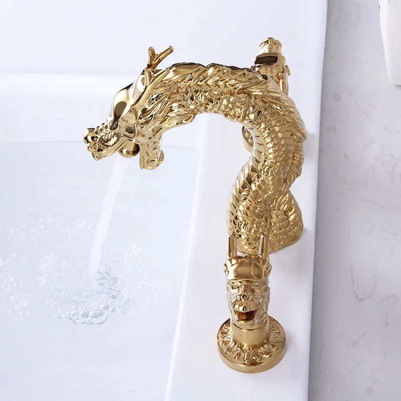 Dragon Basin Faucets Bathroom Sink Faucet Gold Brass 3 Holes Double Handle Bathbasin Bathtub Tap Hot And Cold Mixer Water Faucet