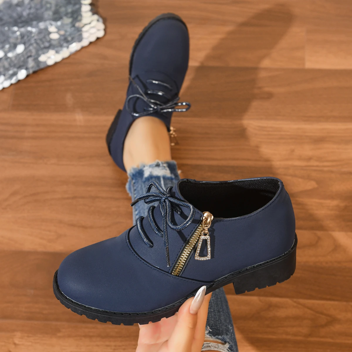 Spring/Autumn Women Low heel square heel round head lace side zipper single shoes Fashion outdoor Casual Non-slip Shoes Size -43
