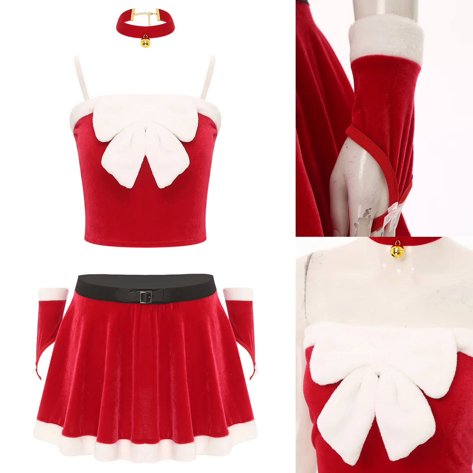 

Christmas Elk Role Play Dress Set Women Crop Top with Mini Skirt Bell Choker Arm Sleeve And Headwear Set Lingerie Tempting Suit