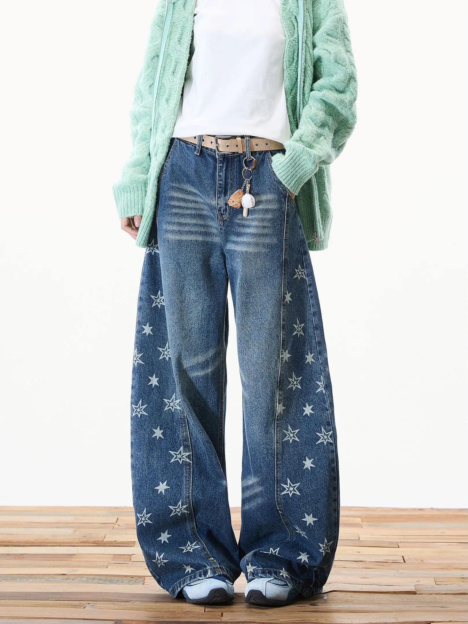 

Американские джинсы-клеш с принтом Star Print, свободные, широкие, с высокой талией, на молнии, удобные, из денима, для женщин