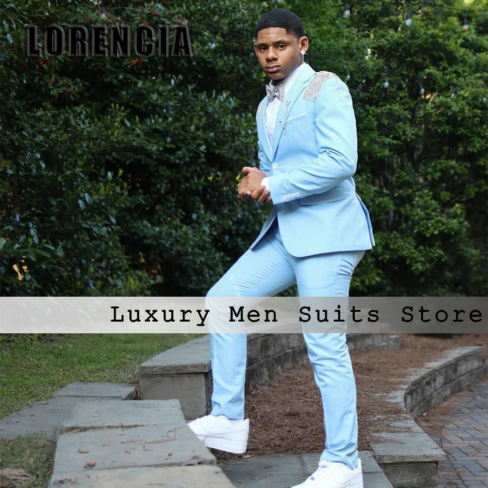 Simple Crystal Ornaments 2 Pieces Singe Breasted Wedding Party Outfits Customized Flat Blazer Pants traje juvenil masculino
