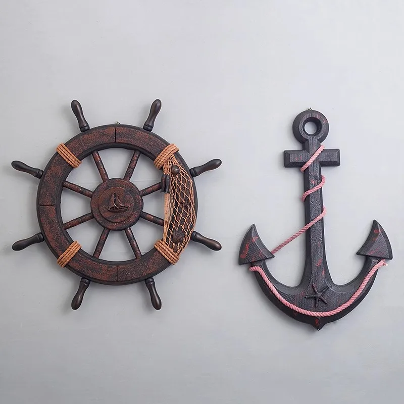 Mediterranean wooden boat anchor rudder fish pendant home decoration children's room bar wall decoration,rudder Decorative clock