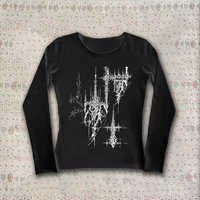 Spring Summer New Style Graffiti Lace Splicing Long Sleeve V-neck Slimming Sexy Women's T-shirt Korean Style Cotton Crew Neck To