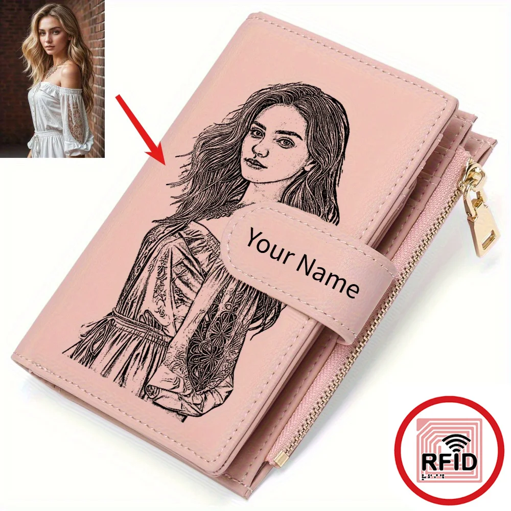 Benutzerdefinierte Foto- und Text-RFID-blockierende kleine Damenbrieftasche, dreifach faltbare ID-Karten-Geldbörse mit Reißverschlusstasche, ultrafeine Kreditkartentasche aus Leder