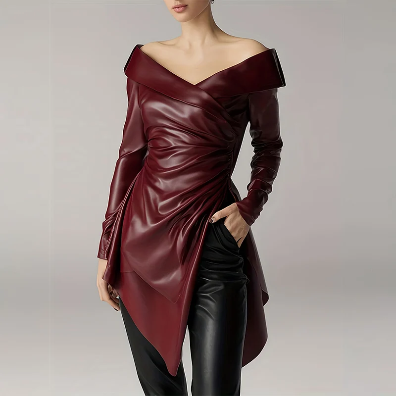 

Fashion Women's Leather Top Off Shoulder Wrap Ruched Asymmetrical Hem Long Sleeve Leather Top High Street Autumn Streetwear
