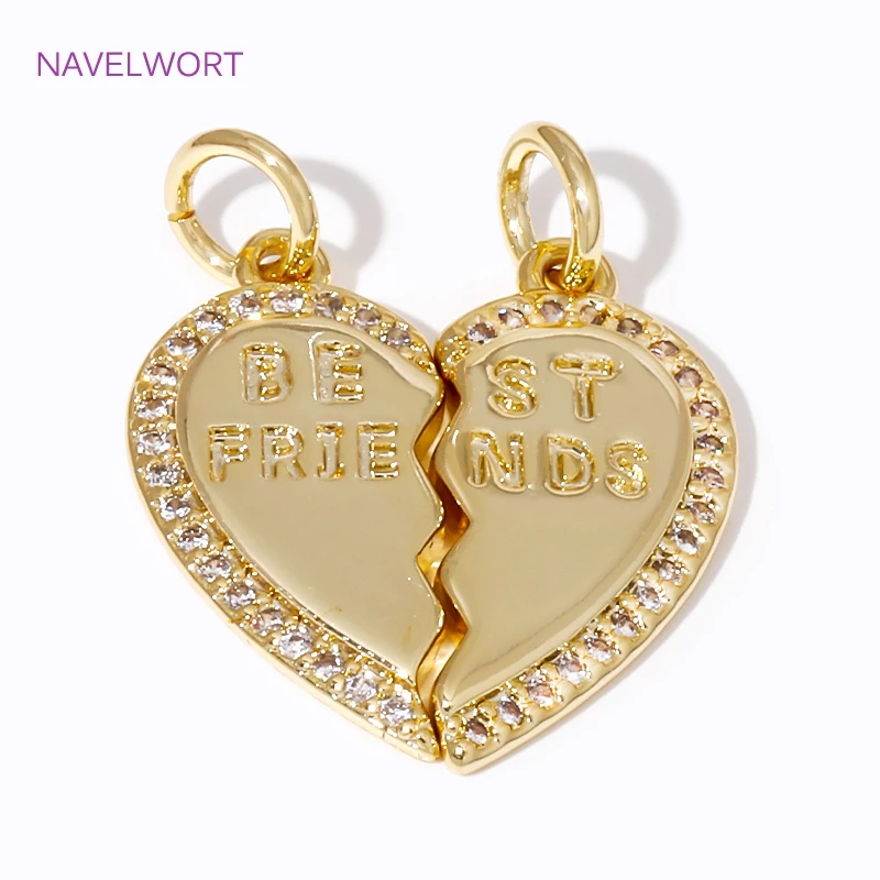 18mm*9mm 14K Gold Plated Engraved Best Friends Charms Brass Inlaid Zircon Heart-Shaped Pendants For Jewelry Making Accessories