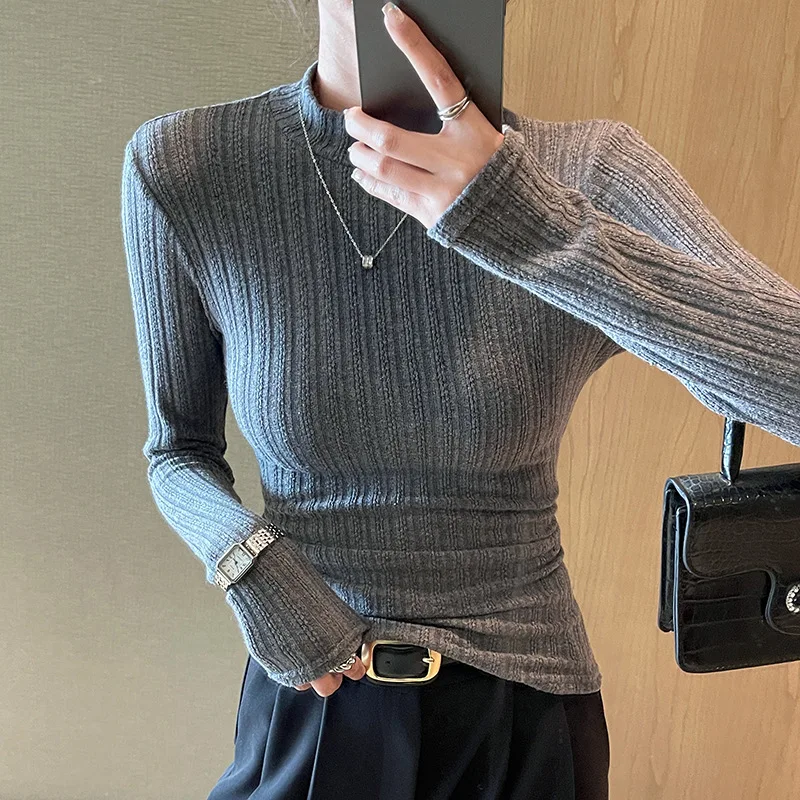 Slim Fit Long Sleeve Knitted Top H558 Half High Collar Base Layer Shirt Inner Wear Outer Wear Autumn Winter Women's Fashion