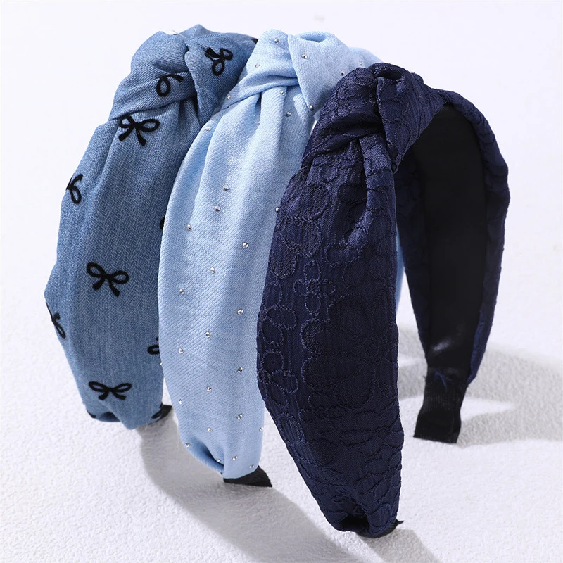 

3pcs/set Dark Blue Denim Beaded Headband – Stretchy Elastic Hair Hoop for Everyday Styling.