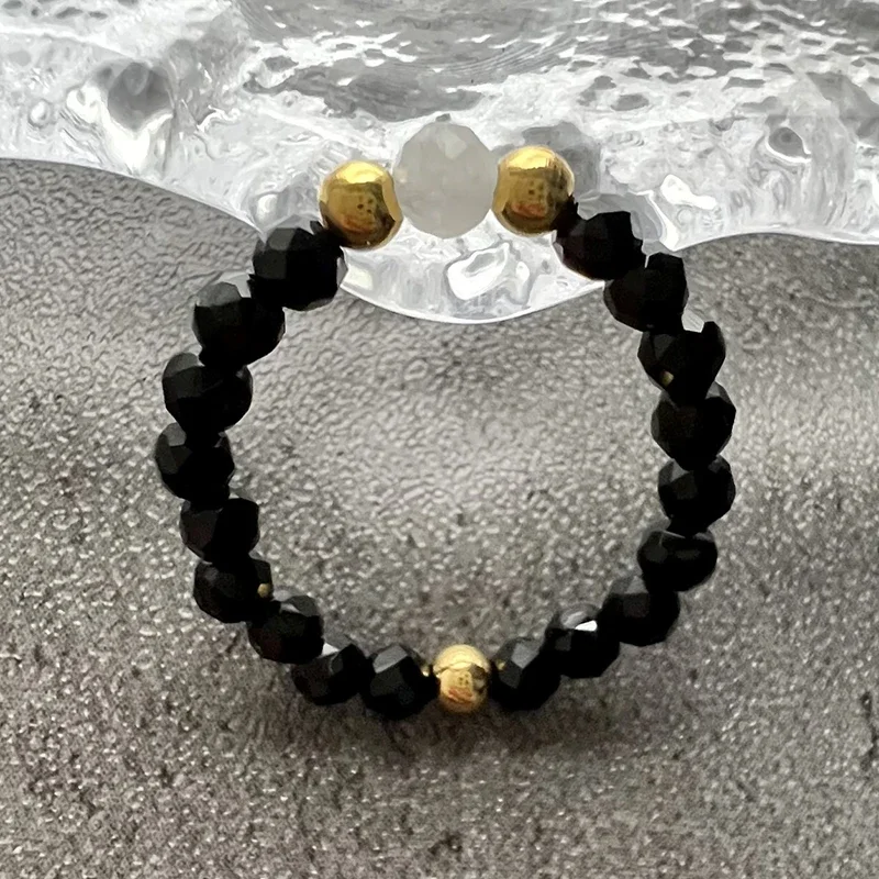 Handmade Elegant Natural Stone Ring For Wedding With Stainless Steel Beads Fashion Jewelry Obsidian Rings Girls Adjustable