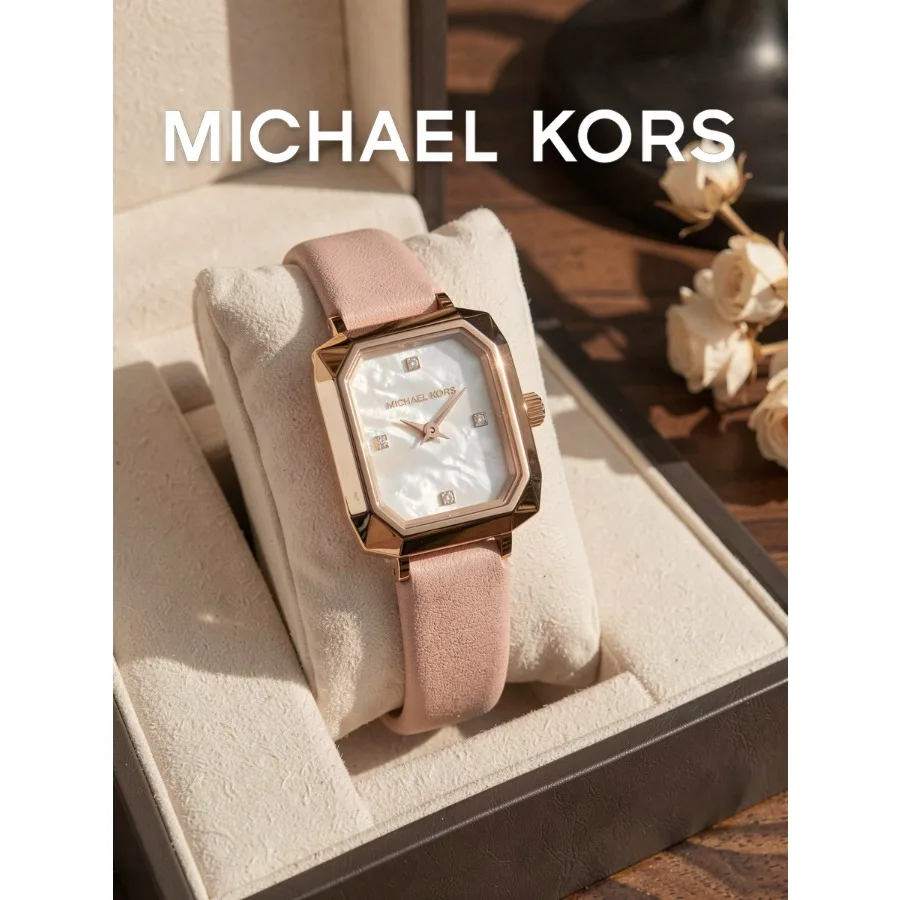Michael Kors Ladies Octagonal Wristwatch Rose Gold Frame Pink Leather Band Crystal Index Mother Of Pearl Dial Quartz Watch