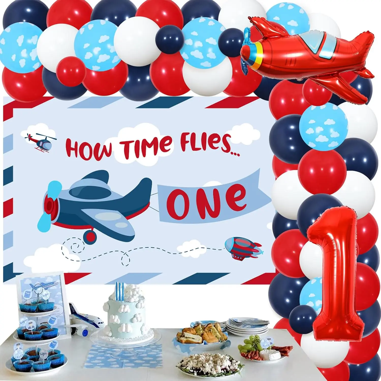 Airplane 1st Birthday Decorations for Boy Airplane Balloons Garland Red Blue How Time Flies Backdrop Aviator Number 1 Balloons