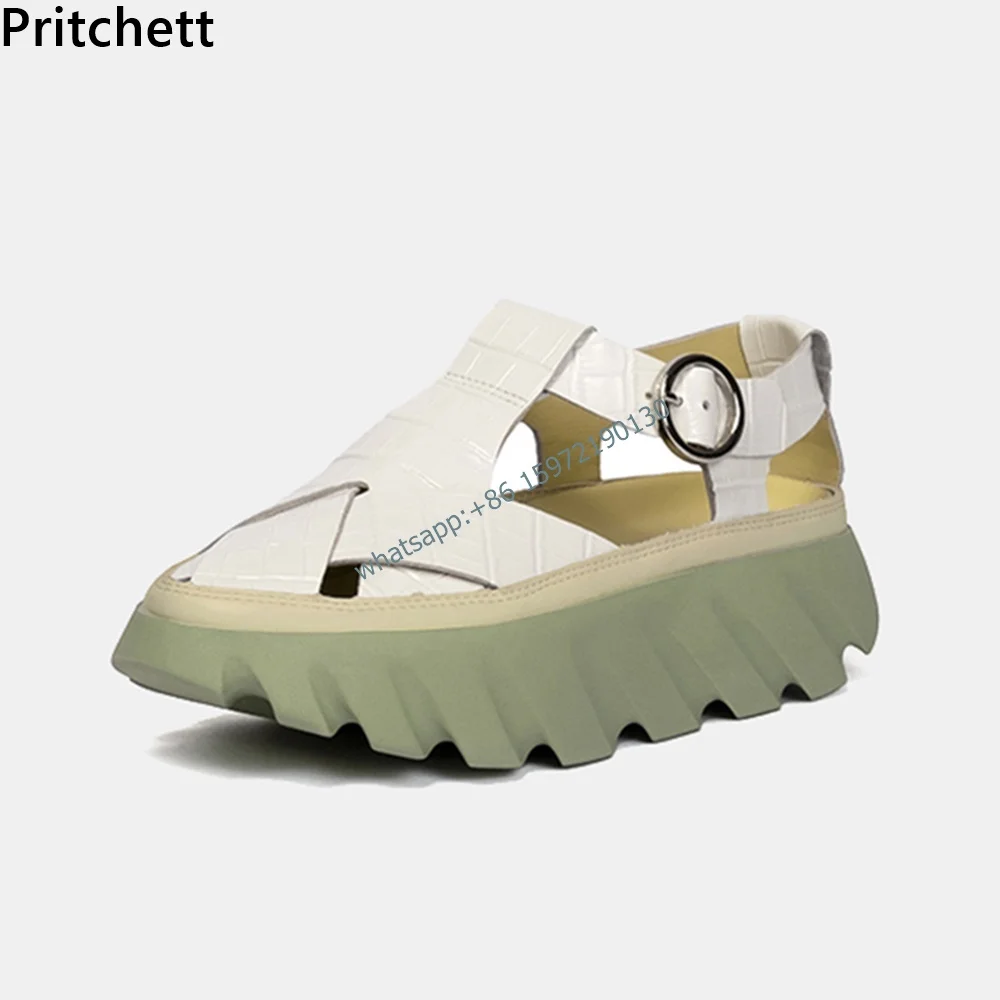 Weave Thick Soled Mixed Color Sandals Platform Round Toe Buckle Strap Shoes Breathable Hollow Leisure Outdoor Beach Shoes