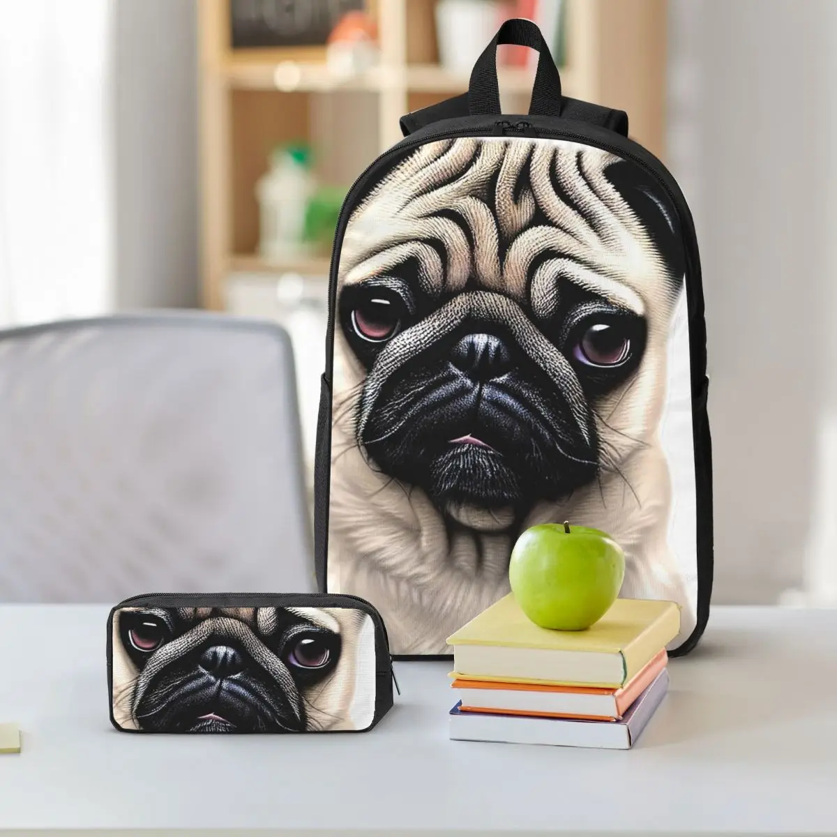 Lovely Puppy Cute Pug Dog Backpack Boys Girls BookBag School Bag Laptop Shoulder Bags 3ps Insulated Lunch Bag Pencil Case