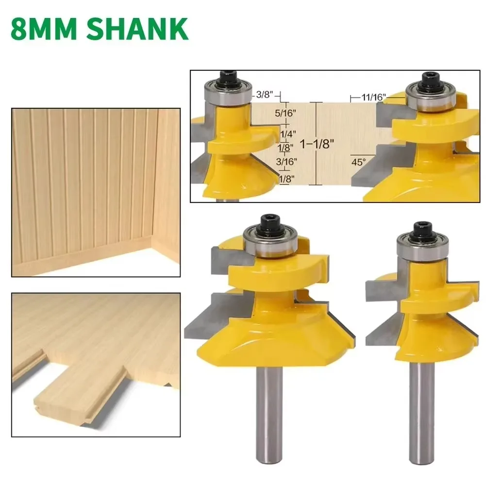 

2 шт./компл., фреза с хвостовиком 8 мм, резьба по дереву, V-образная канавка и набор фрез с язычком с шарикоподшипниками премиум-класса, деревообработка
