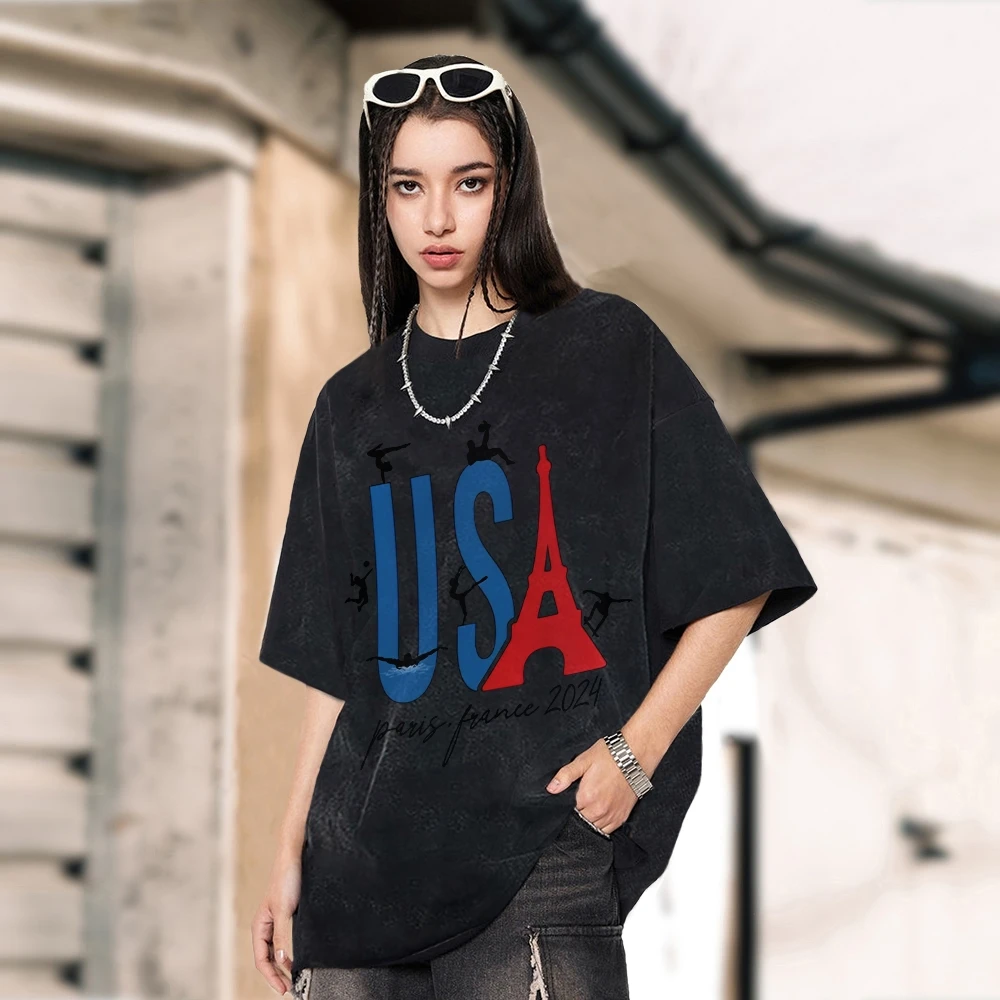 American Neutral Style Short Sleeve USA Eiffel Tower Letter Printing Fashion Trend Casual Loose Shoulder T-Shirt