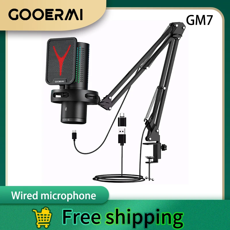 

GOOERMI GM7 Настольный микрофон Poast Проводной компьютерный конденсаторный микрофон Microfono De Condensador RGB Игровой микрофон