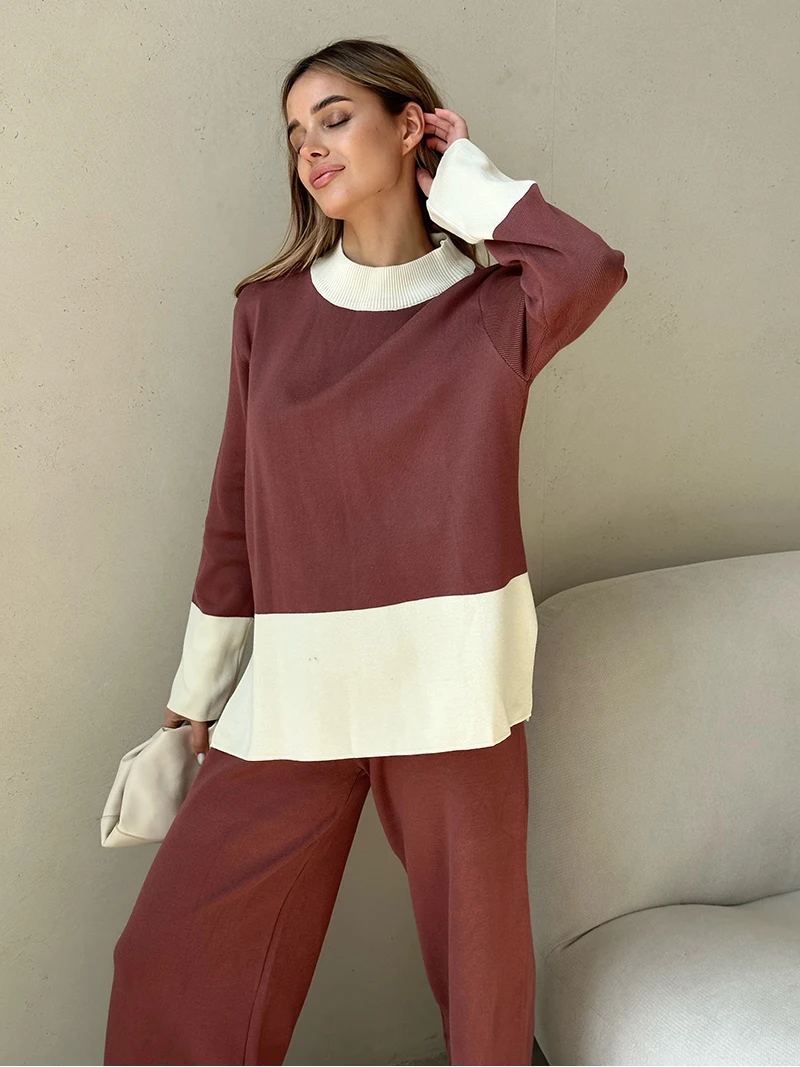 Elegant Tracksuit Women Two Piece Set Loungewear Slit Sweater Matching Sets Women Casual Knitted Two Piece Set For Women 2024