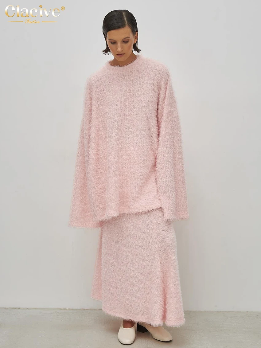 Clacive Casual Loose Pink 2 Piece Sets Women Outfit 2024 Elegancka koszula z długim rękawem i spódnicą do kostek z wysokim stanem dla kobiet