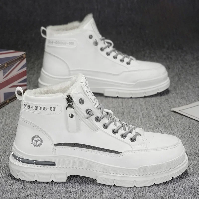 Winter Mens Warm Ankle Boots Fashion Versatile White Leather Shoes Outdoor Non-slip Sneakers for Man Motocycle Snows Boots Botas