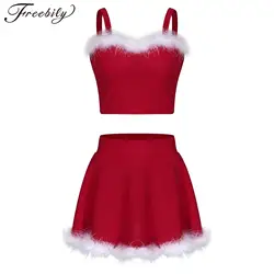 Womens Faux Fur Trim Christmas Two Piece Set Side Invisible Zipper Wide Shoulder Straps Crop Top with High Waist A-Line Skirt