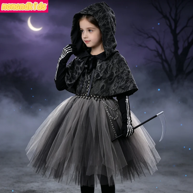Eerie Soul Reaper Fluffy Layered Tulle Dress Full Cape Accessory Set Ideal for Halloween Parade Stage Scary Character Photoshoot