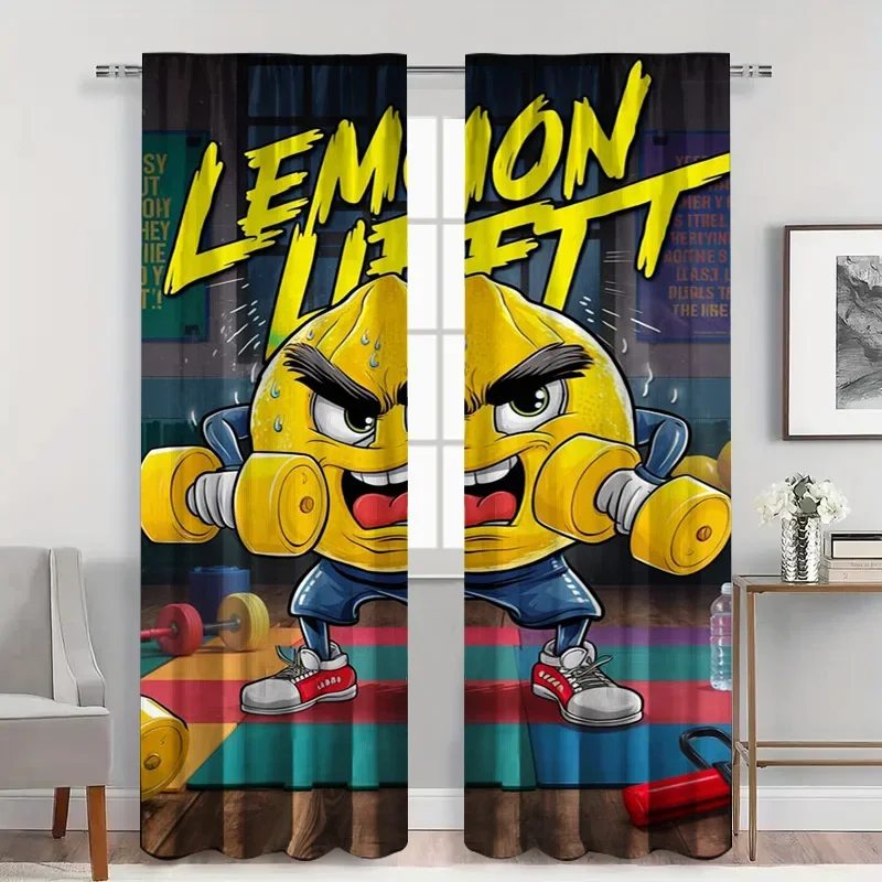 2pcs LEMON UFF Fitness Curtains with Rod Pocket, Anthropomorphic Lemon Weightlifting Sheer , Funky Kitchen or Gym Decor