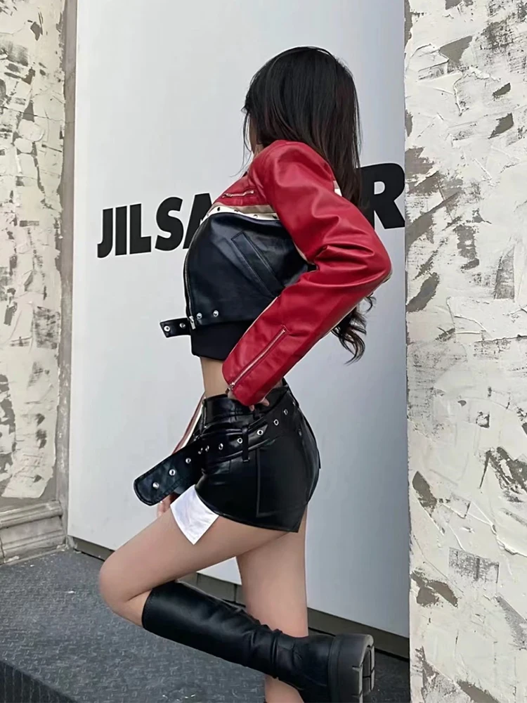 High-End American Retro Biker Short Leather Jacket Women's Autumn Winter Color Block Slimming Splice Outerwear Trendy Top