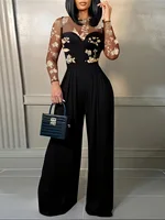 Women's Black Jumpsuit with Sheer Floral Embroidered Top Wide Leg Design Ideal for Evening Galas Cocktail Parties Formal Events - Image 4