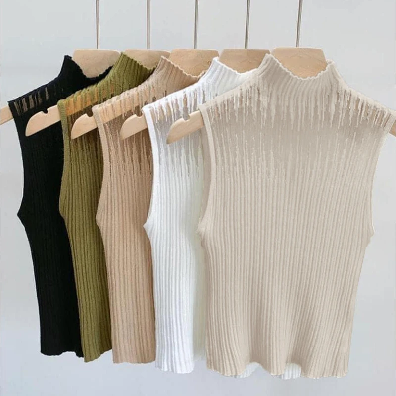 Summer Korean Half Turtleneck Hollow Knitted Vest Women Solid Color Sleeveless Slim Tank Top