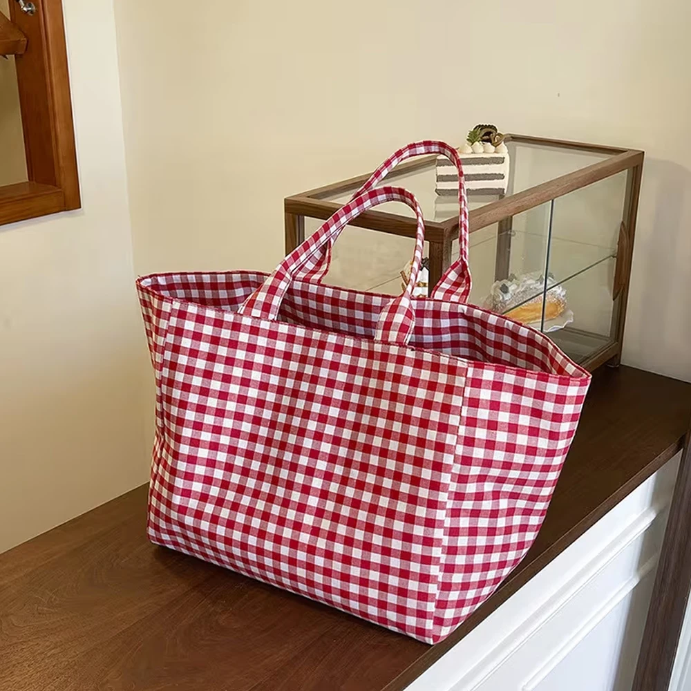 Schlichte, karierte Damen-Handtasche, große Kapazität und vielseitige Aufbewahrungsmöglichkeiten, ideal für Einkäufe, Strandbesuche, den täglichen Gebrauch und den Weg zur Arbeit. – Detail 1
