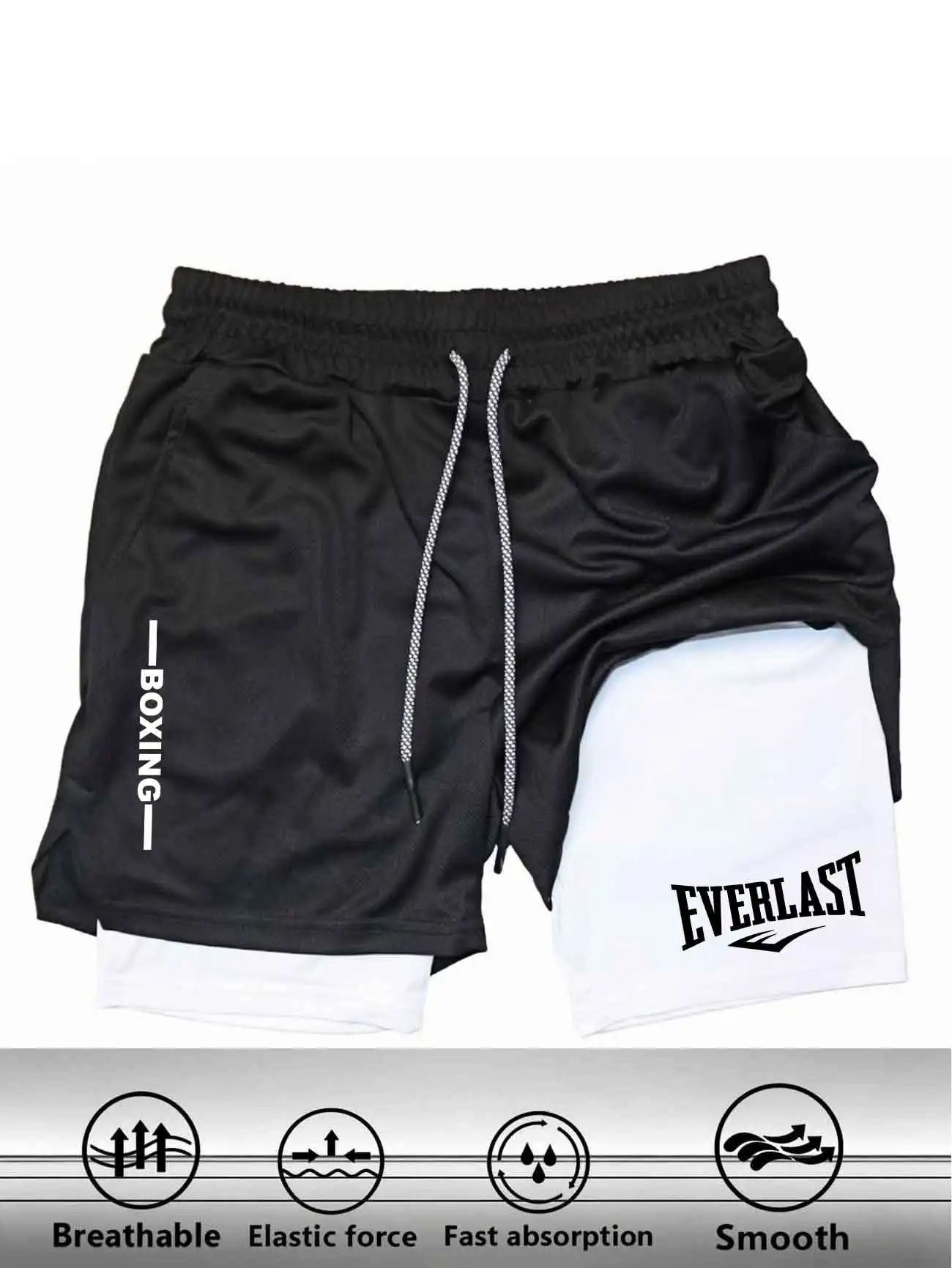 Men's compression gym shorts, EVERLAST printed sports pants, double layered, quick drying, basketball, muscle