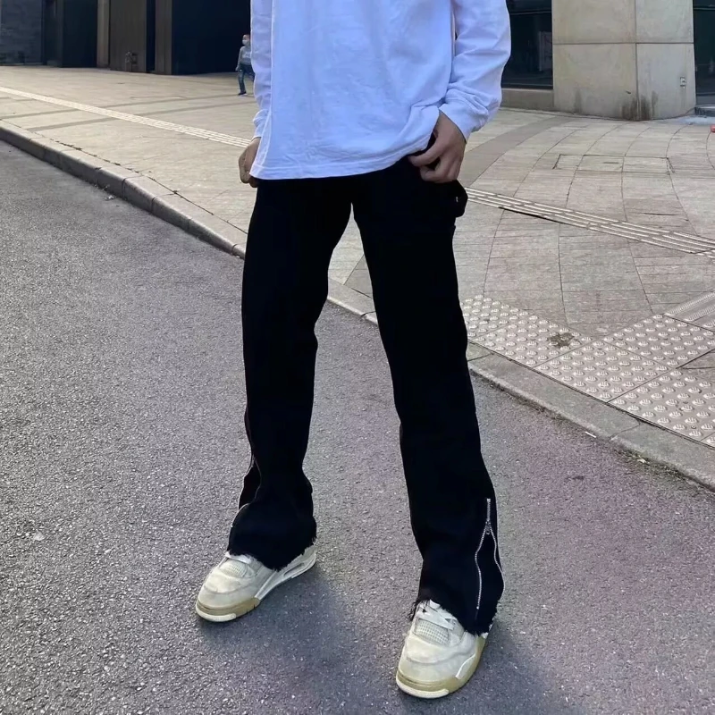 

European and American High Street Pants Handsome Slit Zipper Burrs Ins No Brand Luxury Brand Jeans Man Clothes Men's Thin Pants