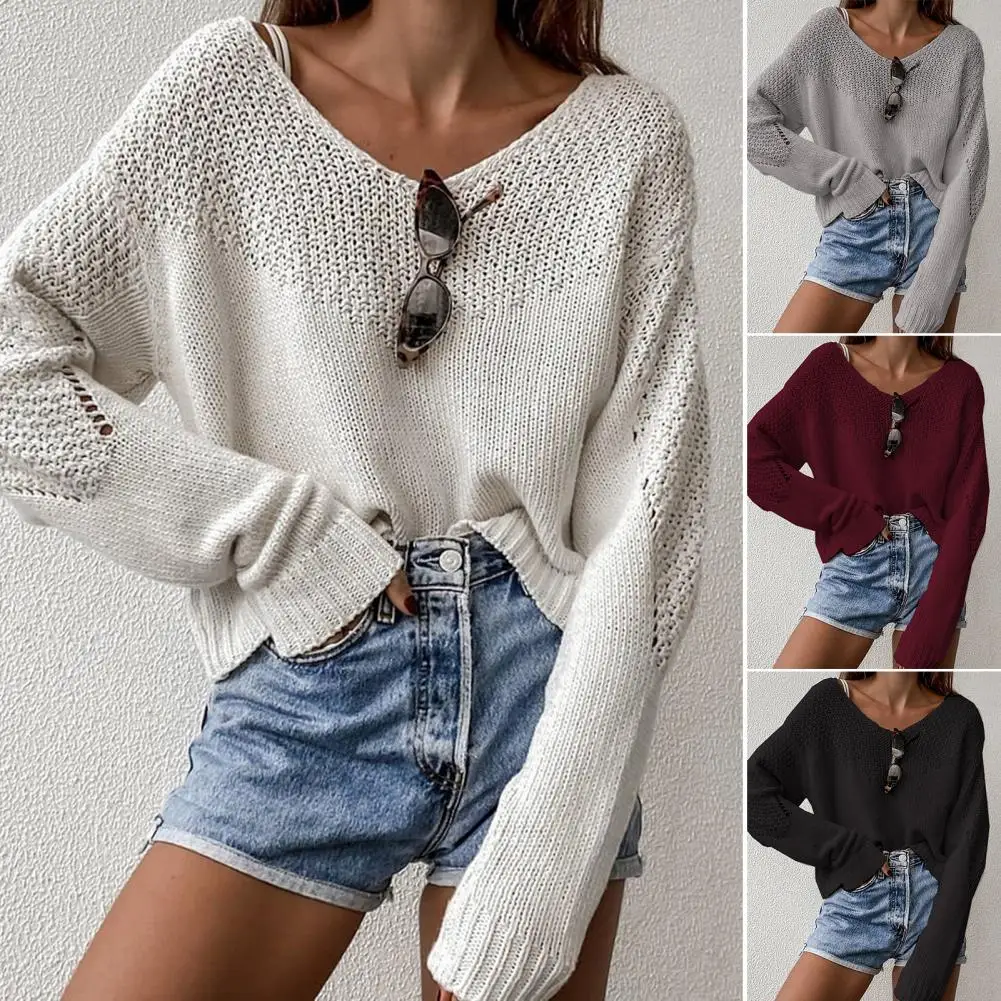 

V Neck Dropped Shoulder Long Sleeve Women Knitwear Retro Women Hollow Out Stitching Sweater Jumper Female Clothing