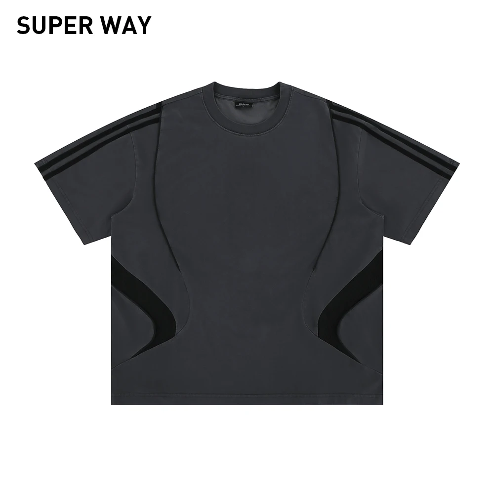 

Superway Men T-Shirts Vintage Patchwork Niche Casual Short Sleeves Washed Summer Tees High Street Hip Hop Original Design Tops