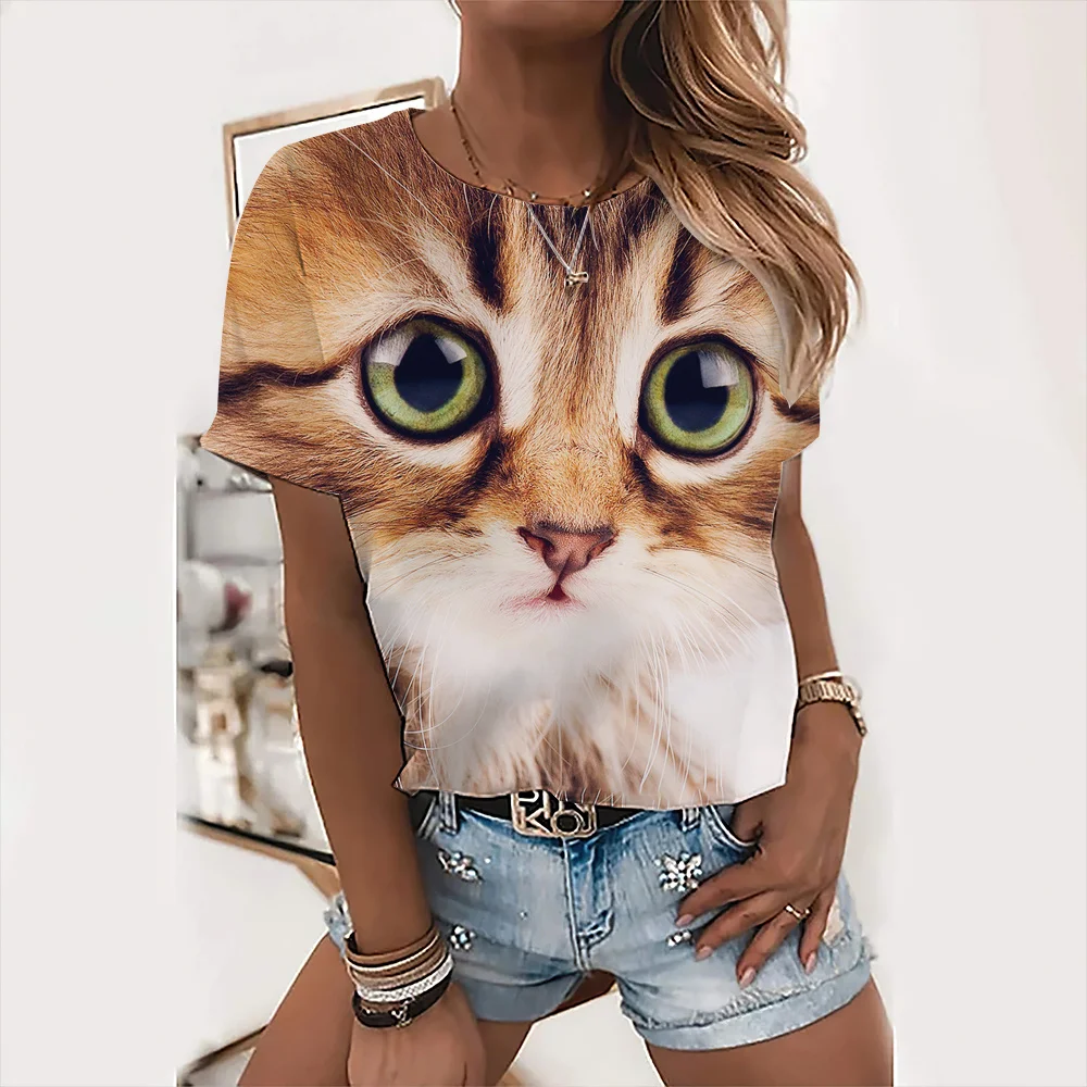 Fashion Women T Shirts 3D Cat Print Tops Summer Famale T-Shirts Animal Harajuku Tees O-Neck 2022 Short Sleeves Oversized Clothes