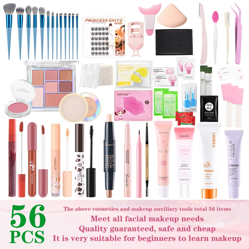 Professional Waterproof Makeup Set 56PCS Eye shadow Eyeliner pencil Mascara Lipstick Loose powder Makeup Brush Tool Set