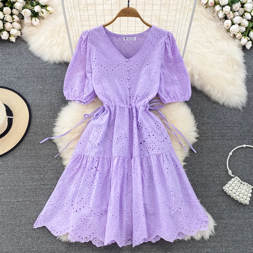 Vestido Midi de Verano con Estilo Fresco, Manga Abullonada, Cuello en V, Bordado Calado, Línea A, Cintura Alta con Cinturón, ...