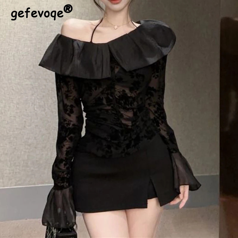 Clothes for Women Korean Ruffle Sexy See Through Mesh Lace Patchwork Blouse Vintage Balck Sweet Chic Long Sleeve Slim Fairy Tops