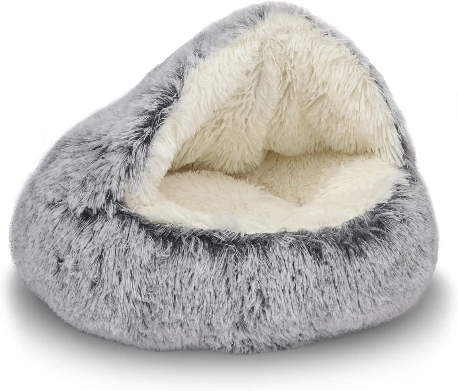 

Cozy Fluffy Hooded Pet Bed Cave for Indoor Cats and Small Dogs, Waterproof Washable Grey 26 Inch